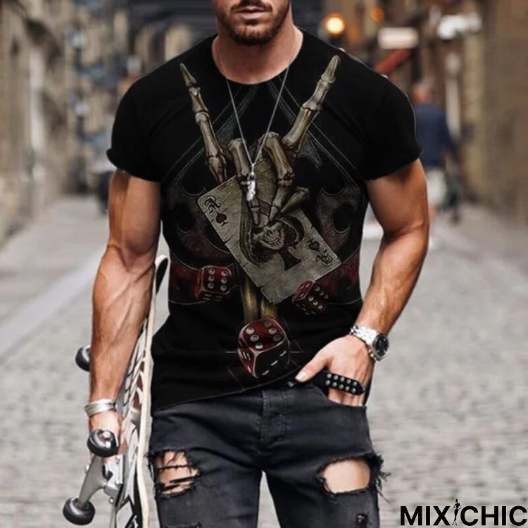 Men's Casual Men's T-Shirt with Circular Collar Short Sleeves Digital Print Slim-Fitting Pullover