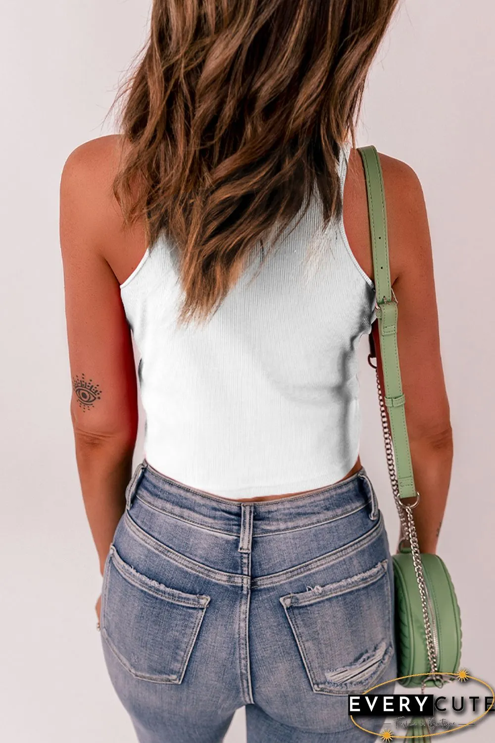 White Rib Knit Crew Neck Sleeveless Crop Top