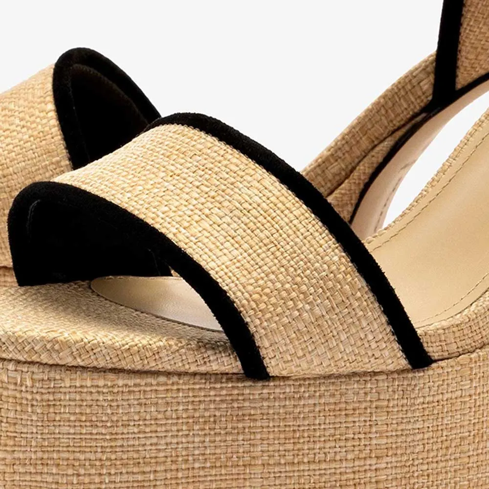 Beige & Black Chunky Heel Buckle Cross Ankle Strap Platform Sandals