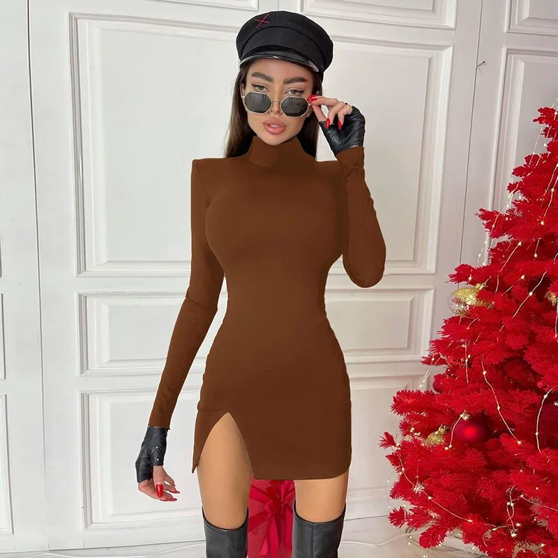 Hugcitar 2021 Long Sleeve Solid Turtleneck Cut Out Shoulder Pads Mini Dress Spring Summer Women Fashion Sexy Party Club Outfits