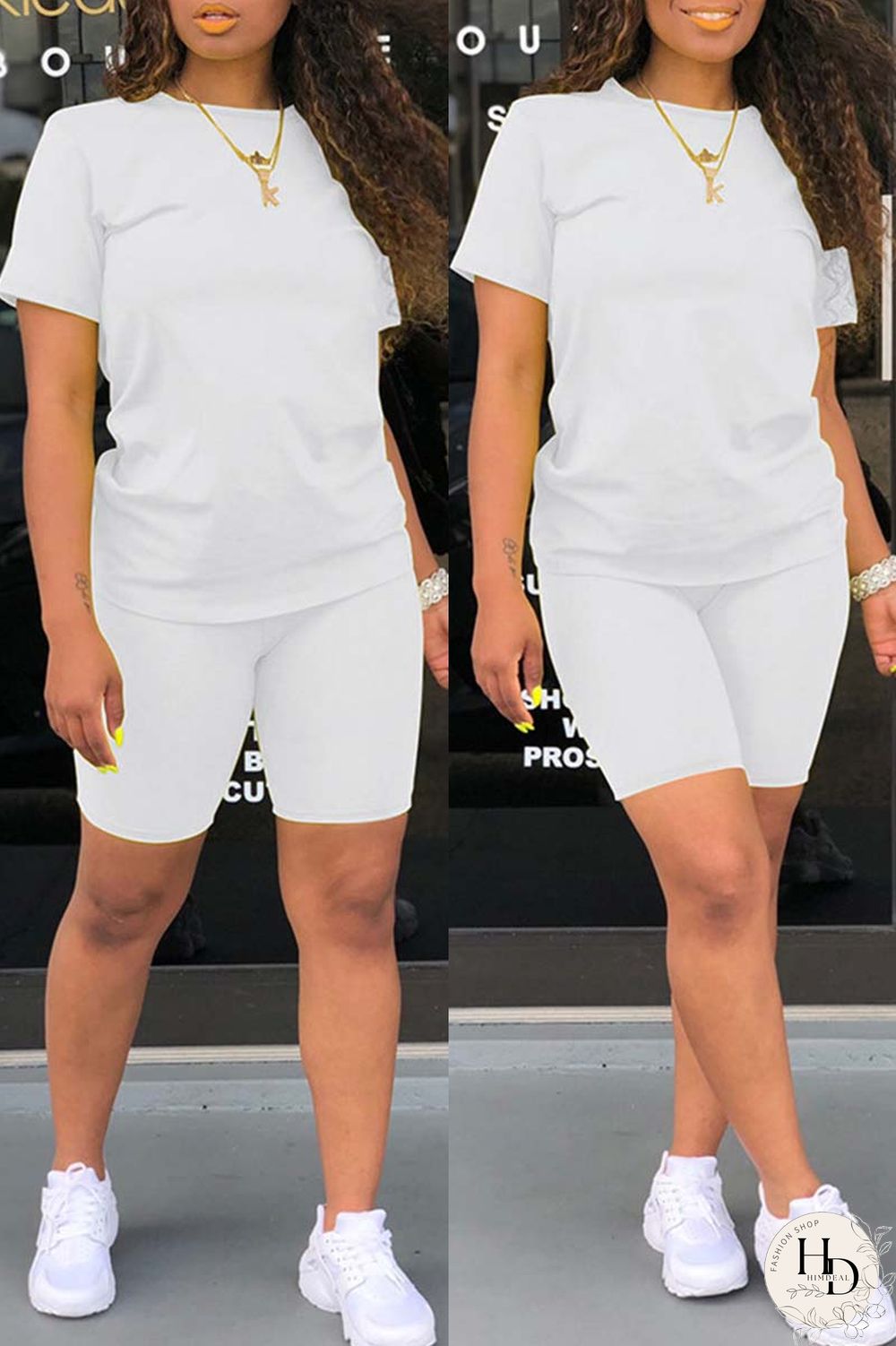 Yellow Casual Solid Basic O Neck Short Sleeve Two Pieces