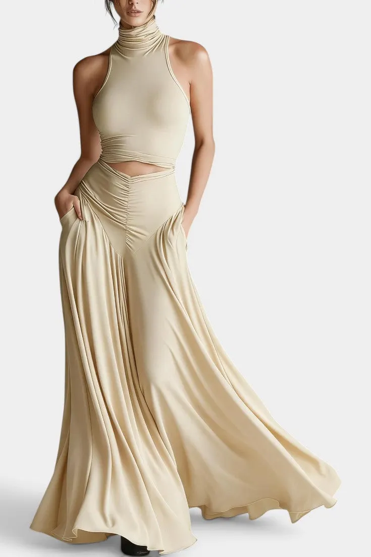 High-Neck Cutout Top with Draped Maxi Skirt Set