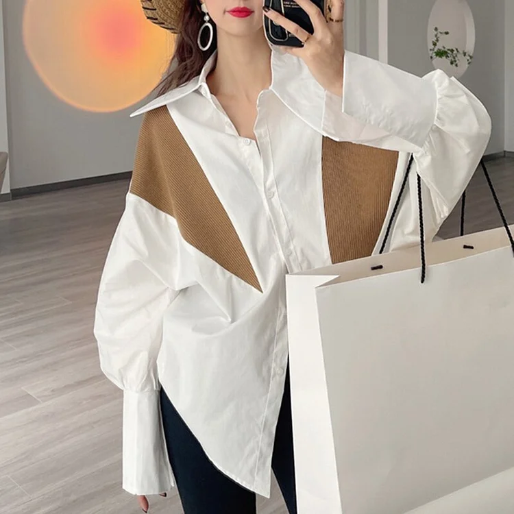 Fashion Loose White Lapel Patchwork Color-block Long Sleeve Irrgular Hem Shirt 