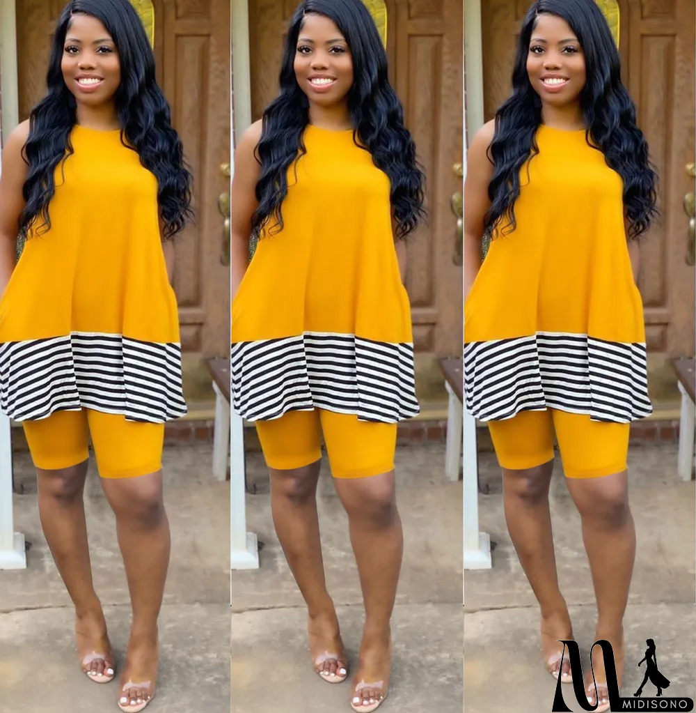 MidiSono - Casual Stripe Patchwork Sleeveless 2 Piece Shorts Set