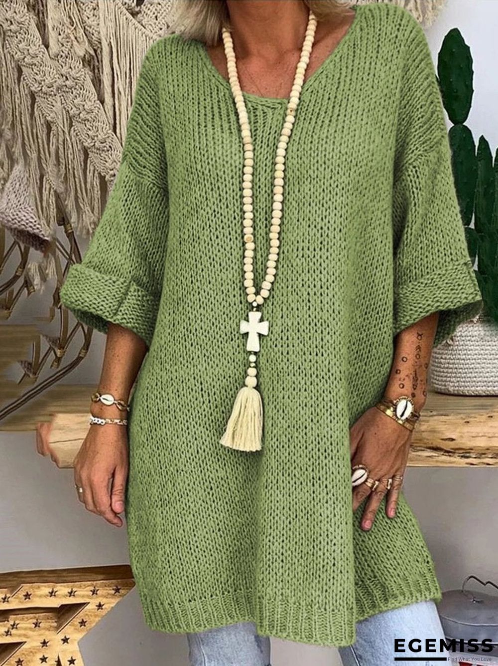 3/4 Sleeve Knitted Casual Sweater | EGEMISS