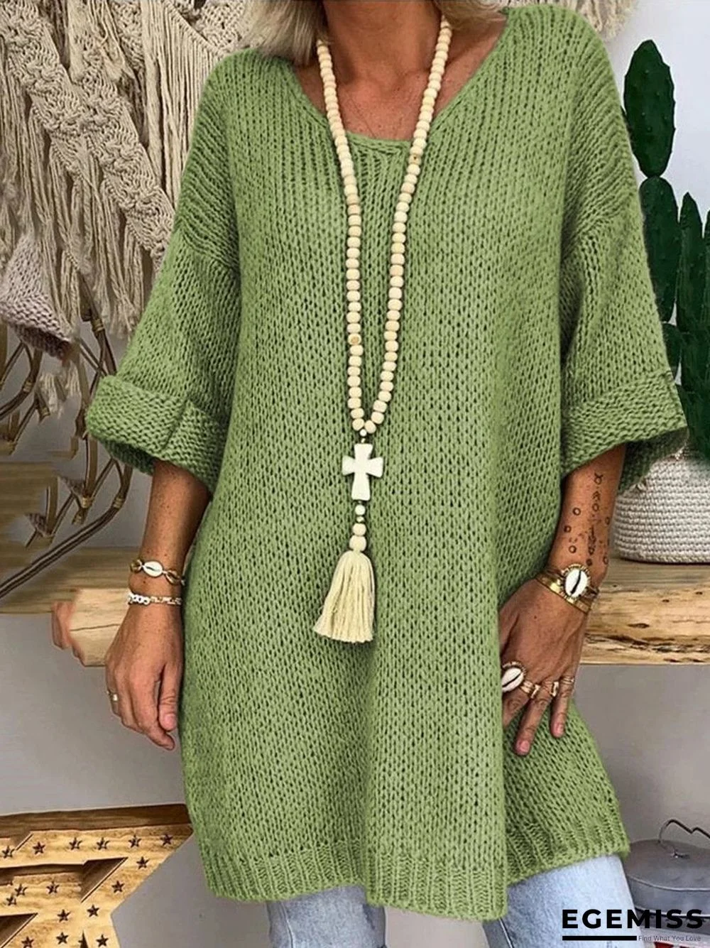 3/4 Sleeve Knitted Casual Sweater | EGEMISS