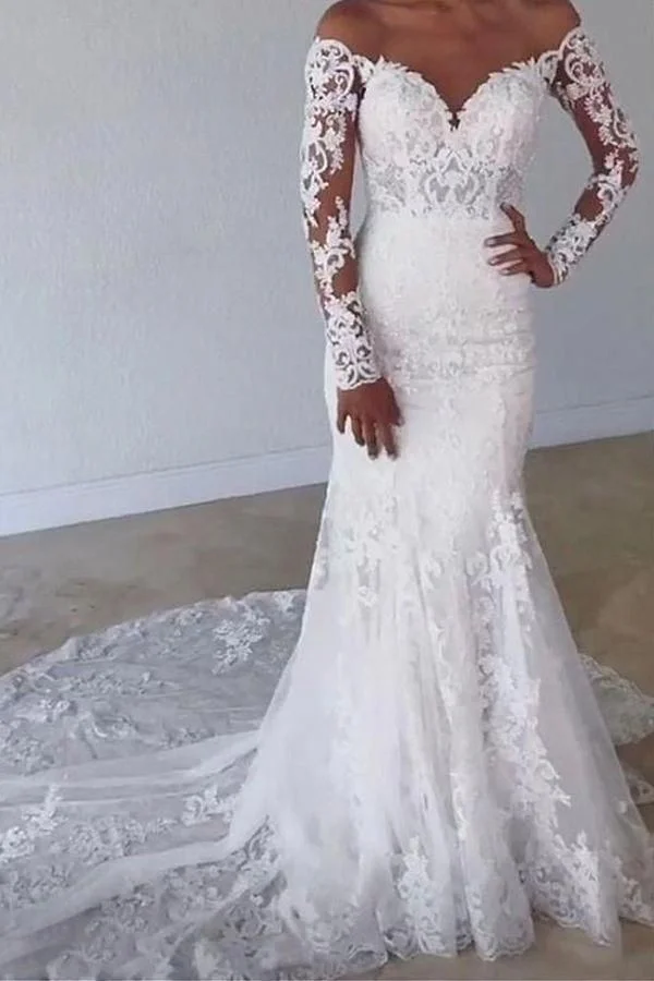 Daisda Elegant Sweetheart Sleeves Long Mermaid Wedding Dress With Lace