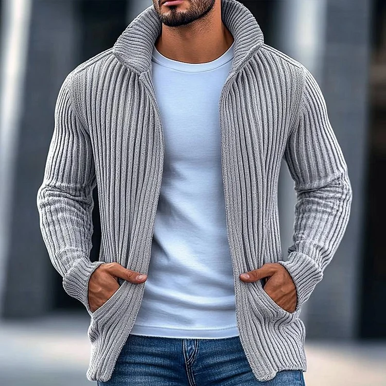 Men's Fashion Stand Collar Solid Striped Long Sleeve Knit Cardigan