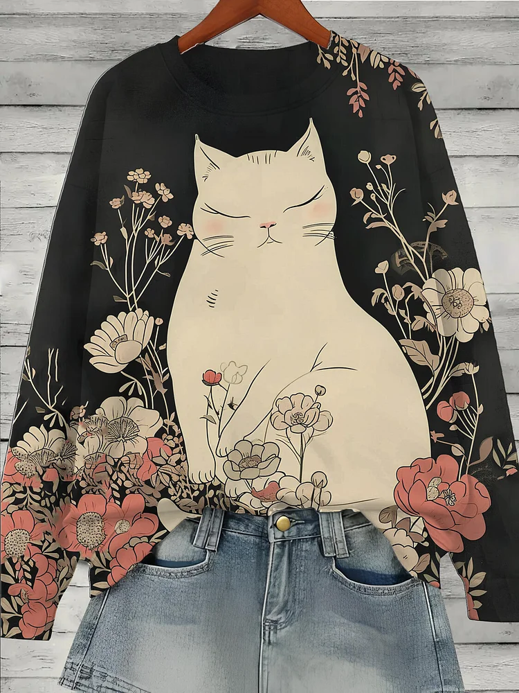 Women's Elegant White Cat In Flowers Art Print Sweatshirt