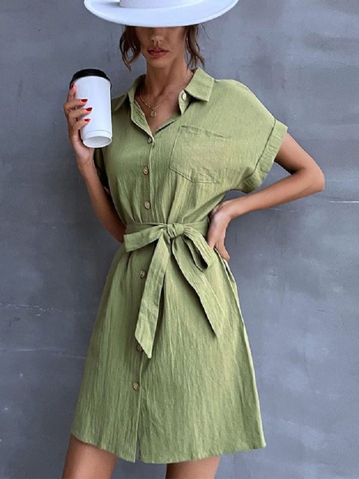 Lapel Lace Up Green Commuter Shirt Cotton Linen Dress Linen | EGEMISS