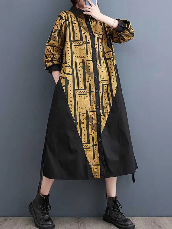 Warp Knitting Printed Contrast Color Asymmetric Loose Long Sleeves Lapel Shirt Dress Midi Dresses
