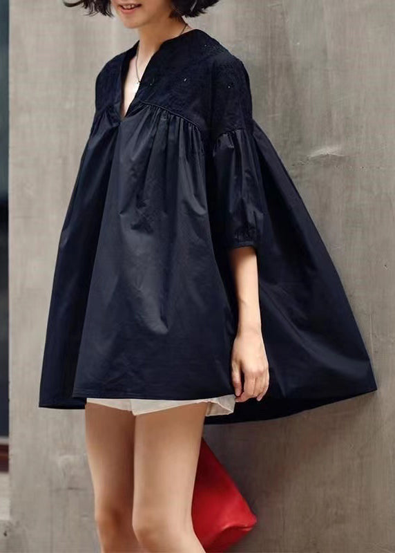 VCSHOES Loose Black V Neck Hollow Out Patchwork Cotton T Shirt Half Sleeve