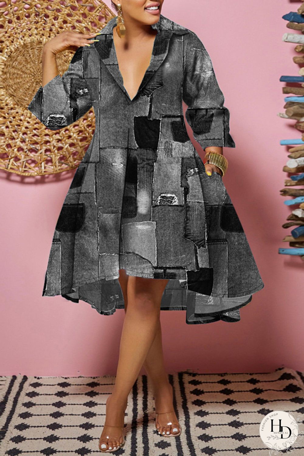 Camouflage Fashion Casual Print Patchwork Turndown Collar Shirt Dress