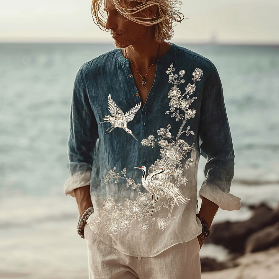 Bohemian Style Men's Casual Cotton And Linen Long-sleeve Shirt  artssus