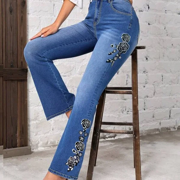 Women's Elastic Floral Embroidery Micro Flared Jeans