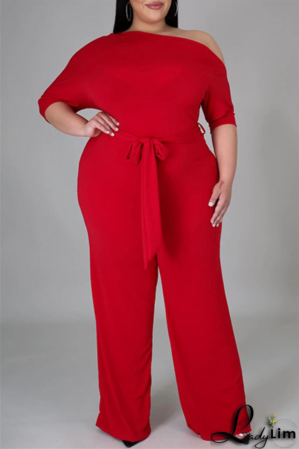 Red Fashion Casual Solid Basic Oblique Collar Plus Size Jumpsuits