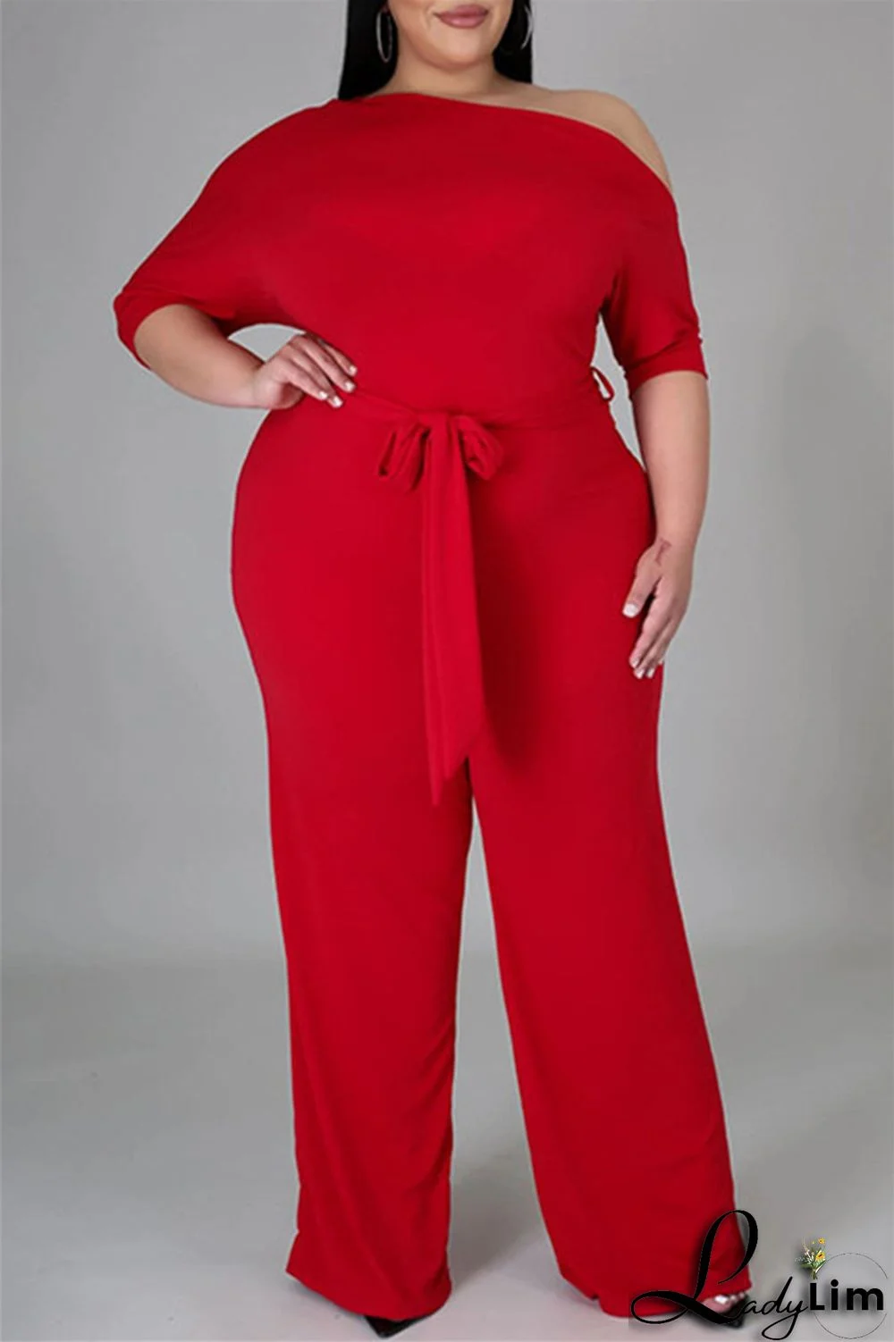 Red Fashion Casual Solid Basic Oblique Collar Plus Size Jumpsuits