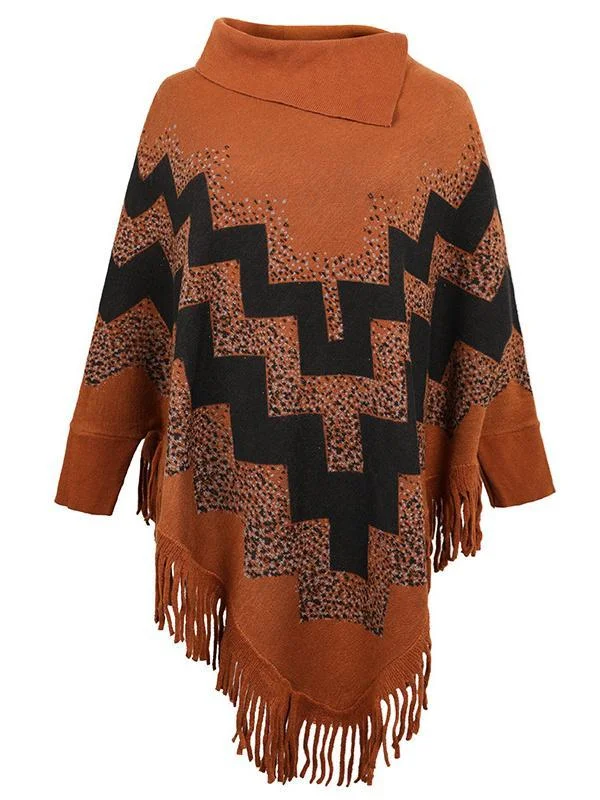 Women's Scoop Neck Knit Shawl Fringed Hem Loose Sweater Top