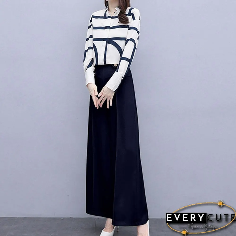 Autumn Fashion Office Two Piece Set Outfits Women Striped Chiffon Shirt Wide Leg Pants