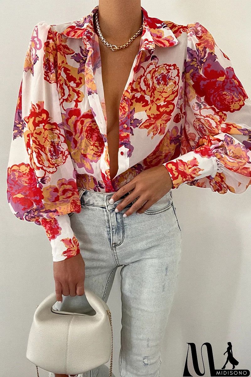 MidiSono - Elegant Floral Patchwork Turndown Collar Tops