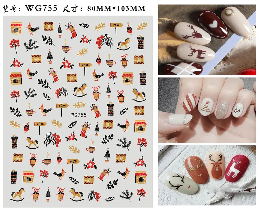 3D Christmas Nail Art Sticker For Kids Tattoo Manicure Accessories Snow Man Gift Tree Deers Santa Claus Slider Nail Decals Decor-Nail Inspo