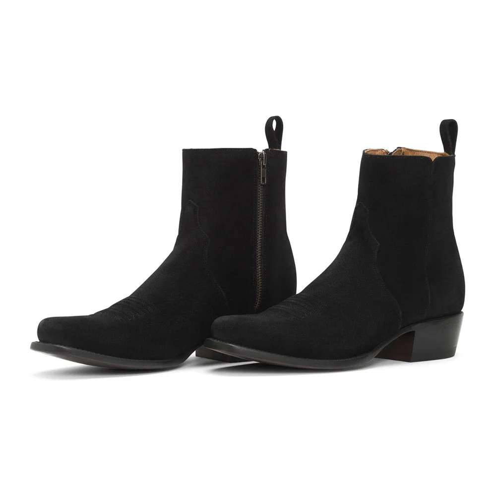 Black Vegan Suede Chunky Heel Square Toe Zipper Booties for Women