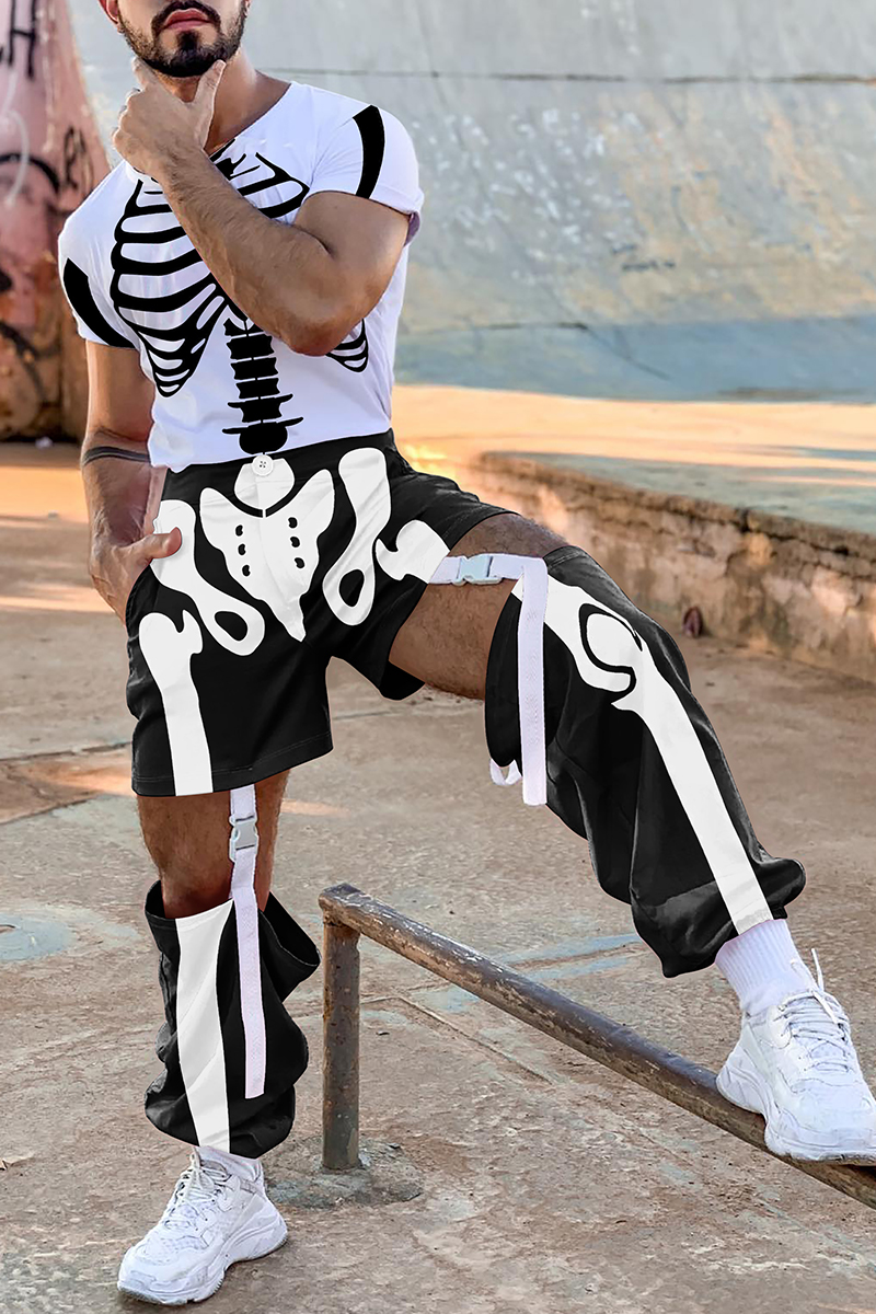 Halloween Skeleton Print Tee Detachable Pants Costume Two Piece Set