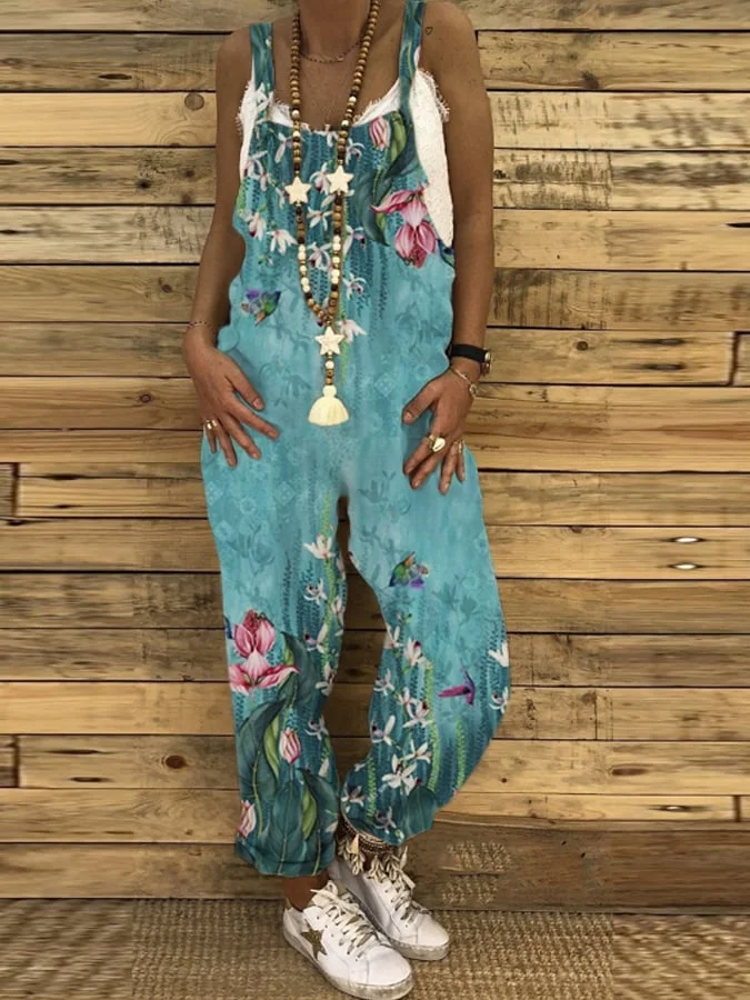 Women'S Floral Print Loose Casual Jumpsuit