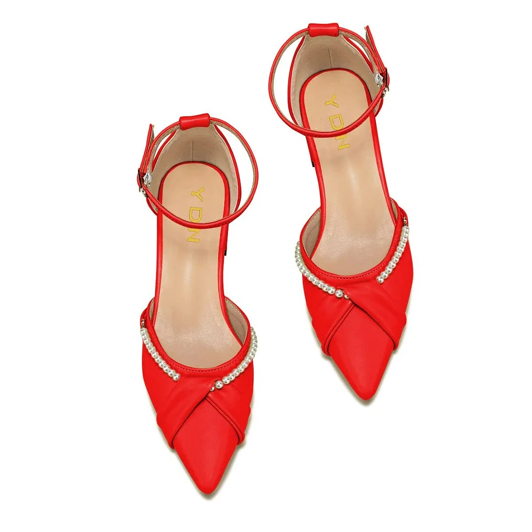 Fashion Pointed Toe Flat Buckle Ankle Strap Red Pumps with Pearl