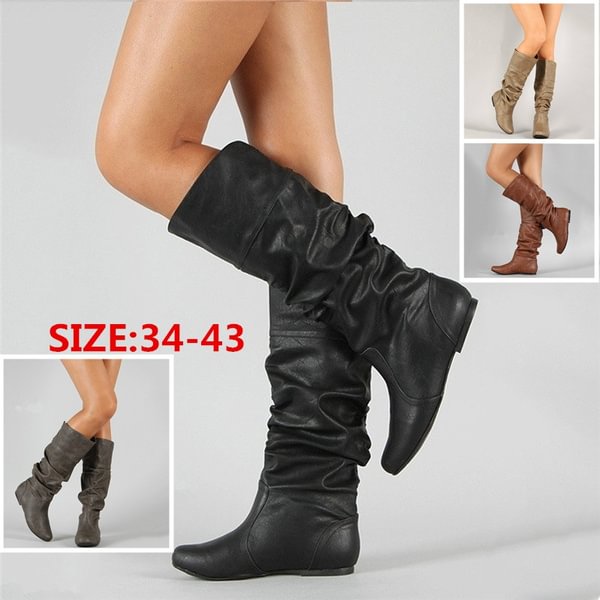 Women Fashion Long Boots Casual Flat Heel Pure Color Boots Ladies Pointed Toe Knee High Artificial Leather Boots 34-43