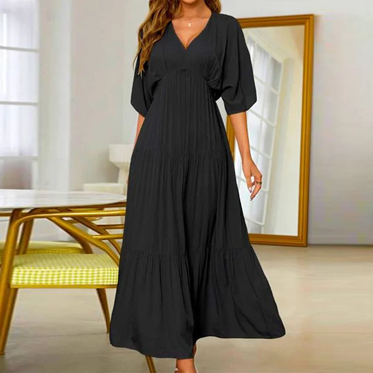 Black Plain Short Sleeve Maxi Dress