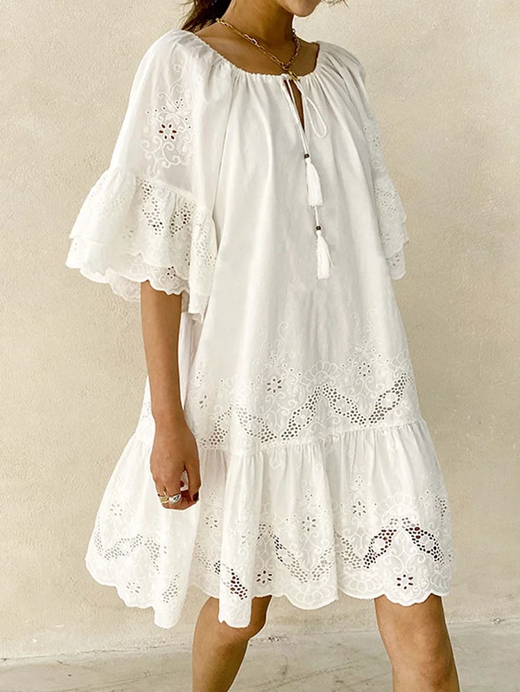 Elegant Plain Layer Sleeve Lace Hollow Tie Front Midi Gathered Dress