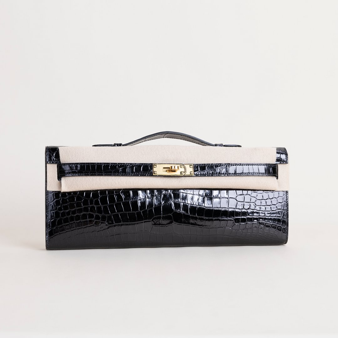 Kelly cut Shiny Porosus Crocodile 89 Noir  GHW
