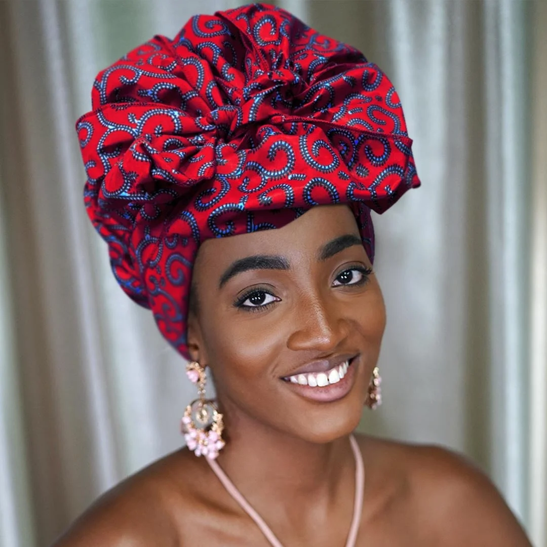 African Print Head Wrap With Satin-Lined(Red) -AW1860