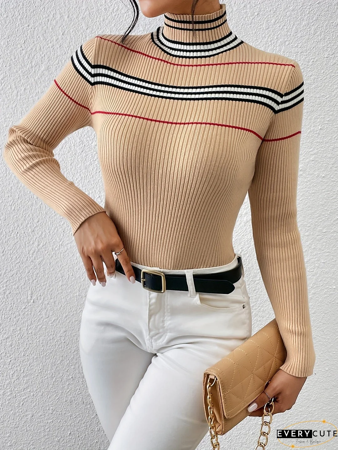 Striped Turtle Neck Pullover Sweater, Casual Long Sleeve Slim Sweater For Fall & Winter, Women's Clothing