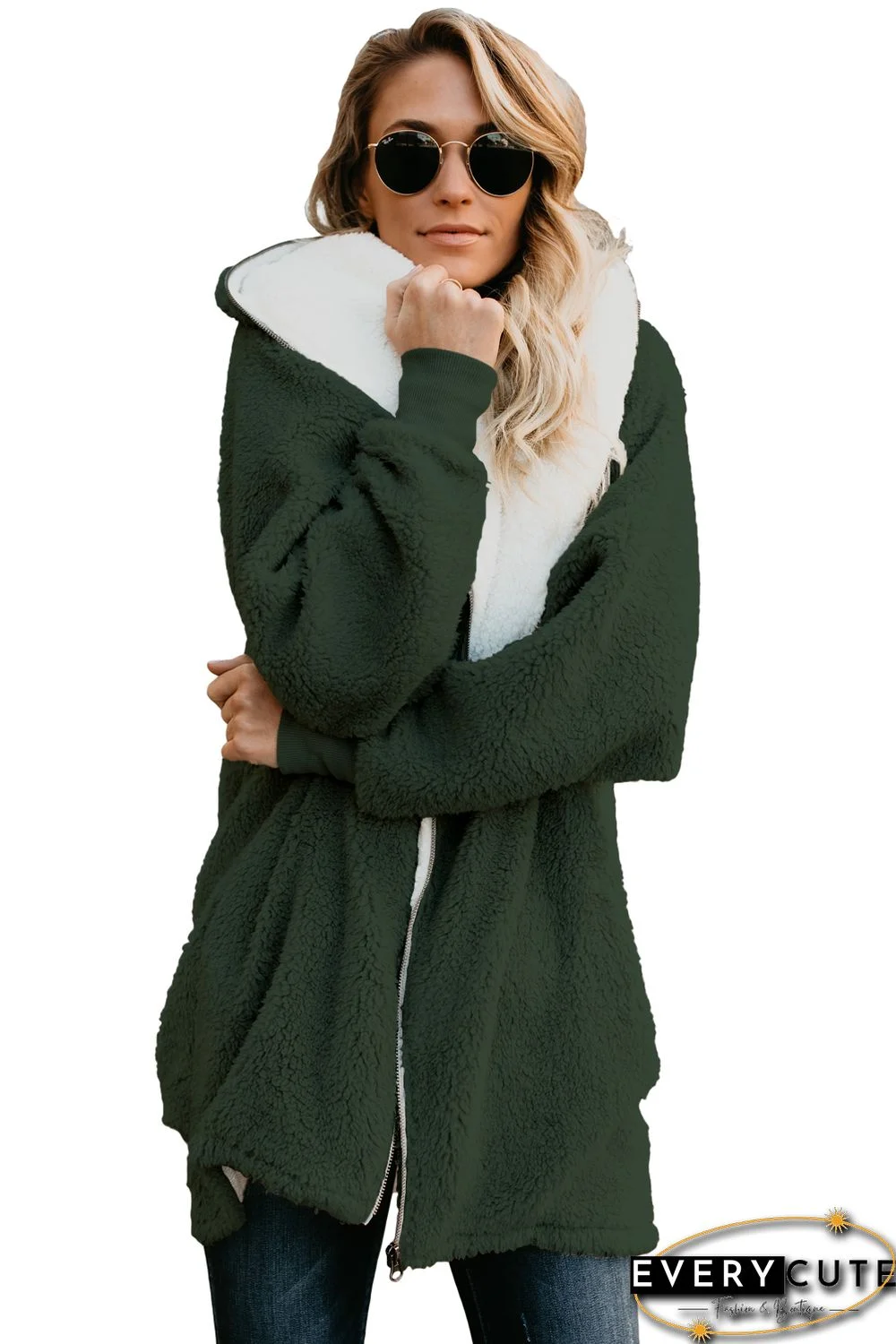 Dark Green Zip Down Hooded Fluffy Coat