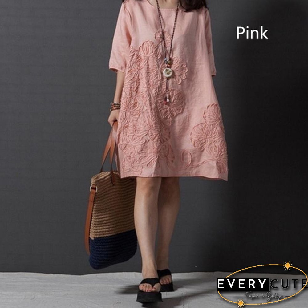 Women Fashion Summer Style T -shirt Loose Cotton Embroidered Casual Dress Plus Size Ladies Linen Dress