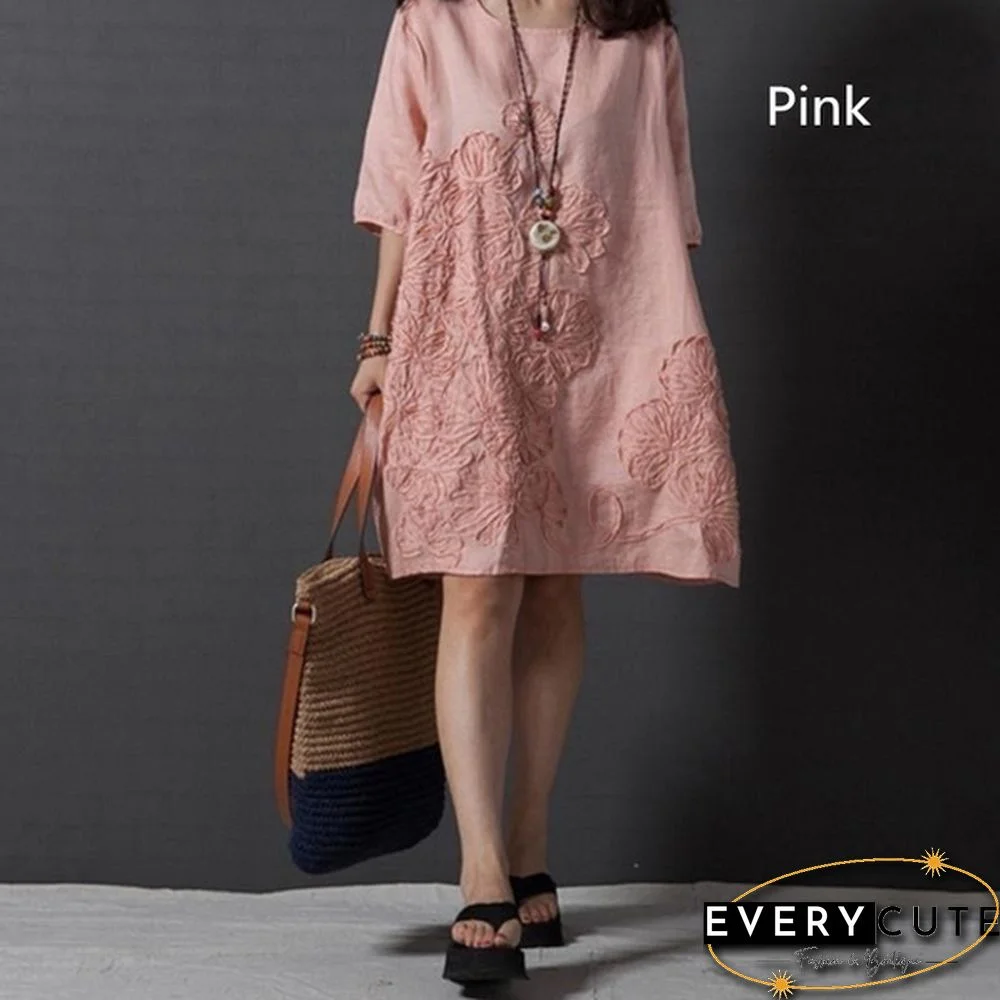 Women Fashion Summer Style T -shirt Loose Cotton Embroidered Casual Dress Plus Size Ladies Linen Dress