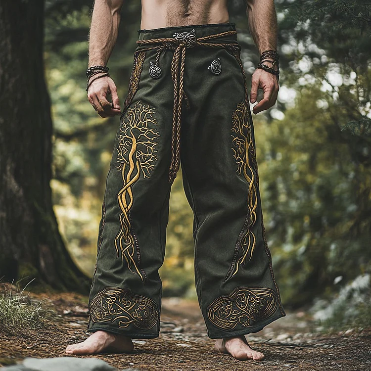 Vintage Viking Life Of Tree Embroidery Art Linen Loose Wide-leg Pants