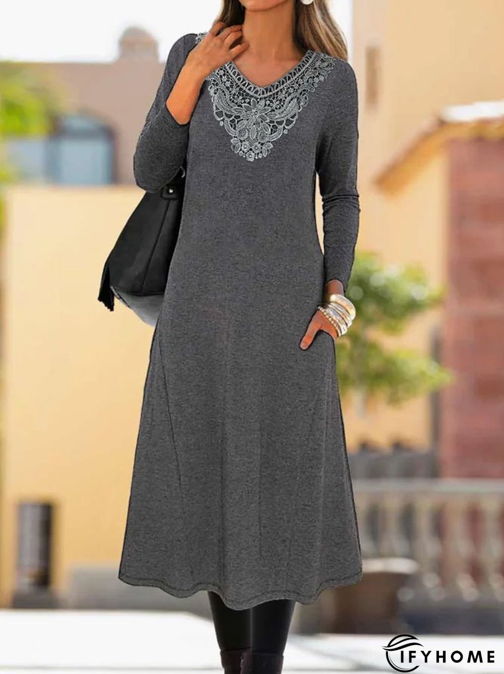 Women Casual Plain Autumn Daily Long sleeve Crew Neck Cotton-Blend T-Shirt Dress A-Line Dress | IFYHOME