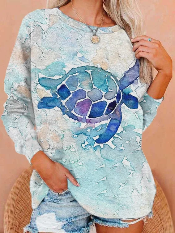 Women's Maui Sea Turtle Printed Round Neck Long Sleeve Sweatshirt socialshop
