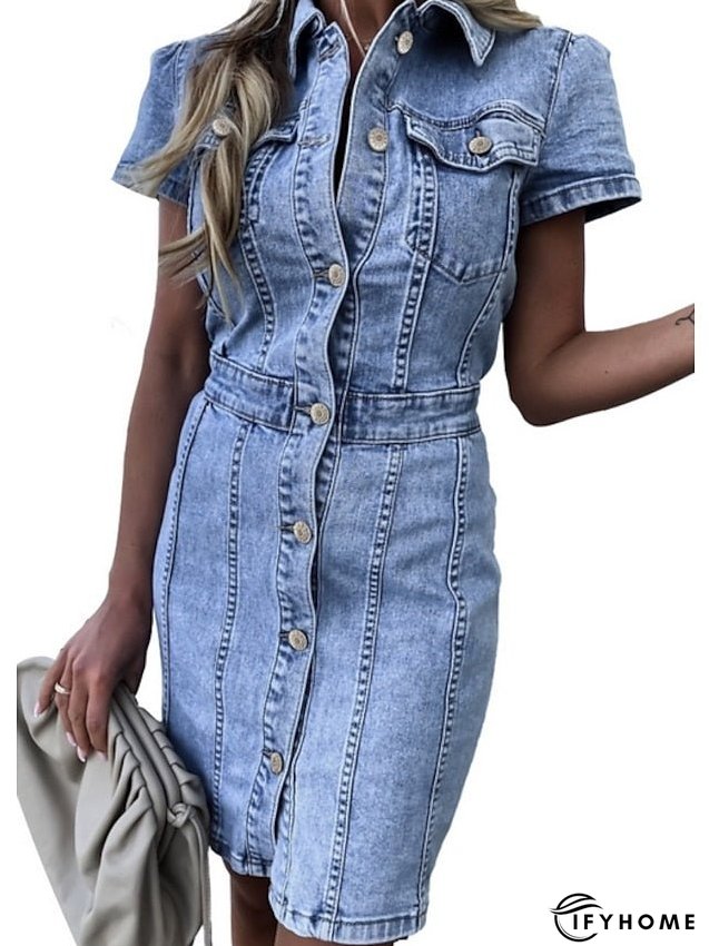 Denim Dress Denim Shirt Dress Midi Dress Denim Elegant Casual Daily Vacation Shirt Collar Button Pocket Short Sleeve Summer Spring Fall Slim Light Blue Pure Color S M L XL for Women | IFYHOME