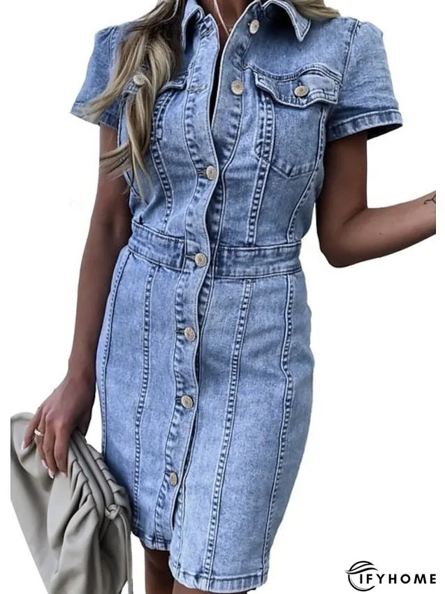 Denim Dress Denim Shirt Dress Midi Dress Denim Elegant Casual Daily Vacation Shirt Collar Button Pocket Short Sleeve Summer Spring Fall Slim Light Blue Pure Color S M L XL for Women | IFYHOME