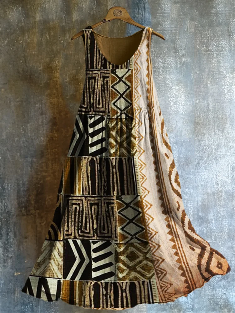 Vintage African Folk Geometric Art Flowy Linen Dress