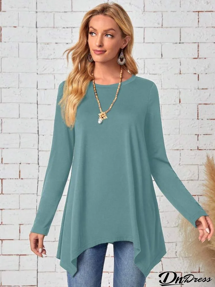 Women Casual Solid Color Asymmetrical Hem T-Shirt For Autumn