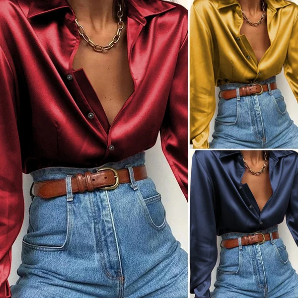 Autumn Women Silk Satin Long Sleeve Lapel Collar Shirt Tops Button Down Laides Casual Elegant Blouse Tops