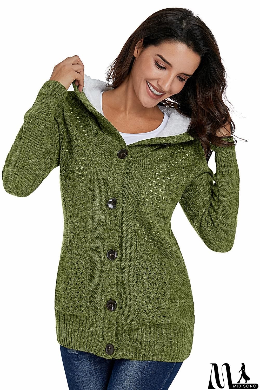 MidiSono - Fleece Hooded Gray Button Cardigan Sweater