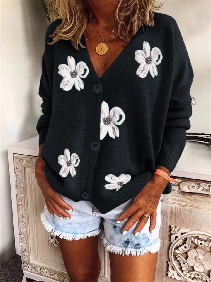 Autumn and Winter Women's New Fashion Sexy V-neck Sweater Casual Buttons Embroidery Knitted Cardigan-Cosfine