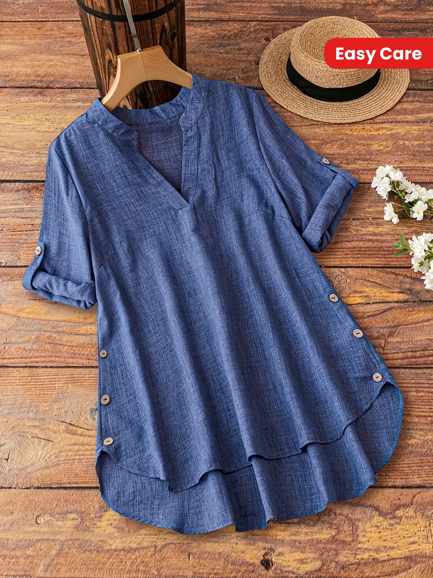 Lightweight Polyester Women's V-Neck Blouse | Decorative Buttons & Ruffled Sleeves, Casual Summer Shirt For Adults, Solid Color, Easy Care, Perfect For Vacation Or Casual Attire | IFYHOME