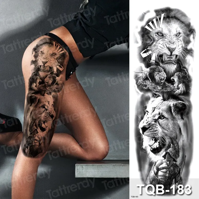 temporary tatoo men large waterproof temporary arm sleeve tattoo black robot mechanical tattoos tribal lion head king fox design